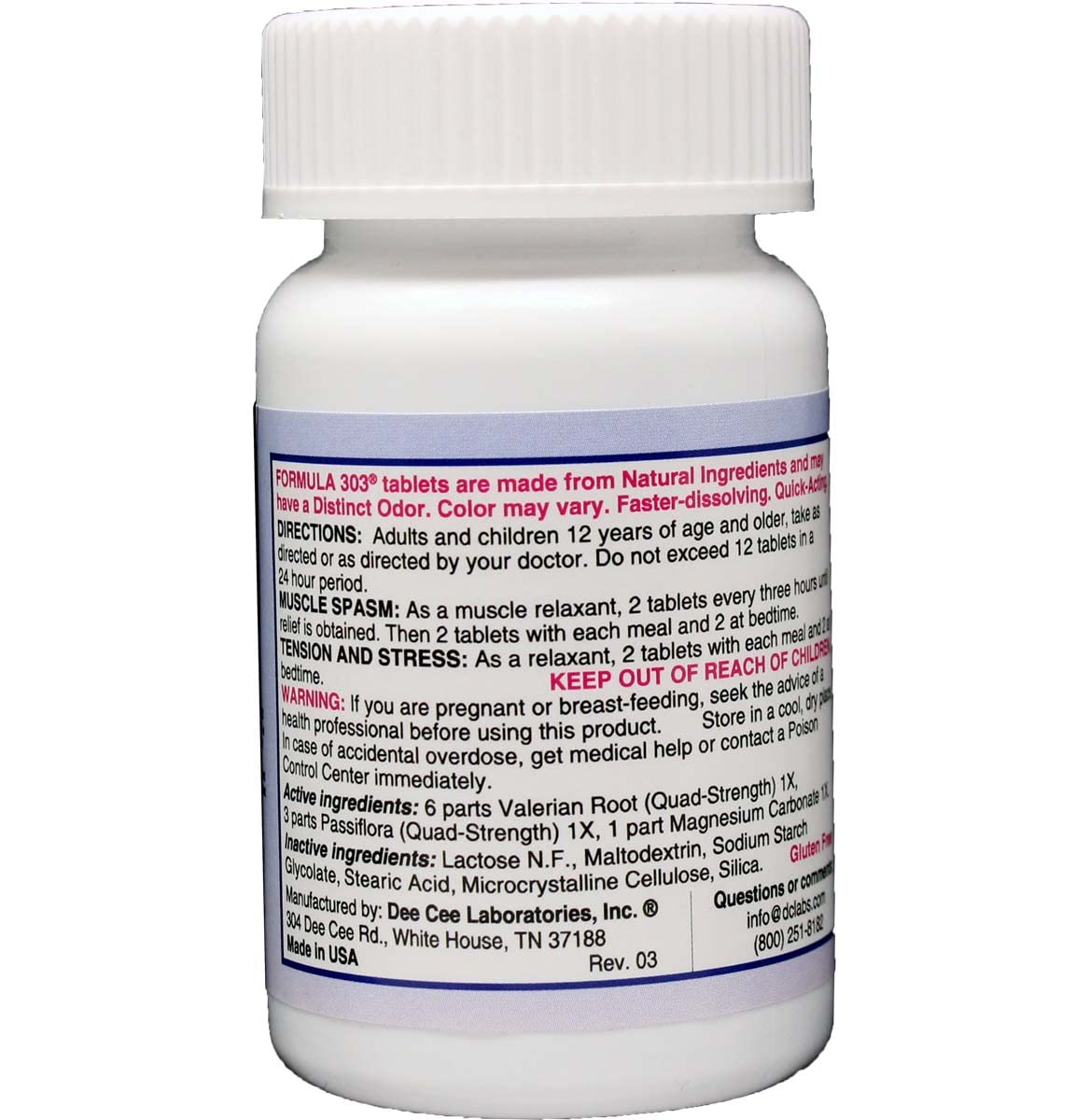 Formula 303 tablets close-up showing valerian and magnesium herbal blend