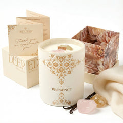 Deep Eden Healing Crystal Candle with vanilla cashmere scent and rose quartz crystals for calm moments.