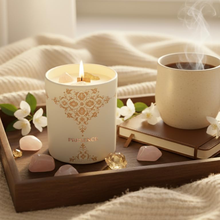 Deep Eden wooden wick crackle adding a meditative ambiance.
