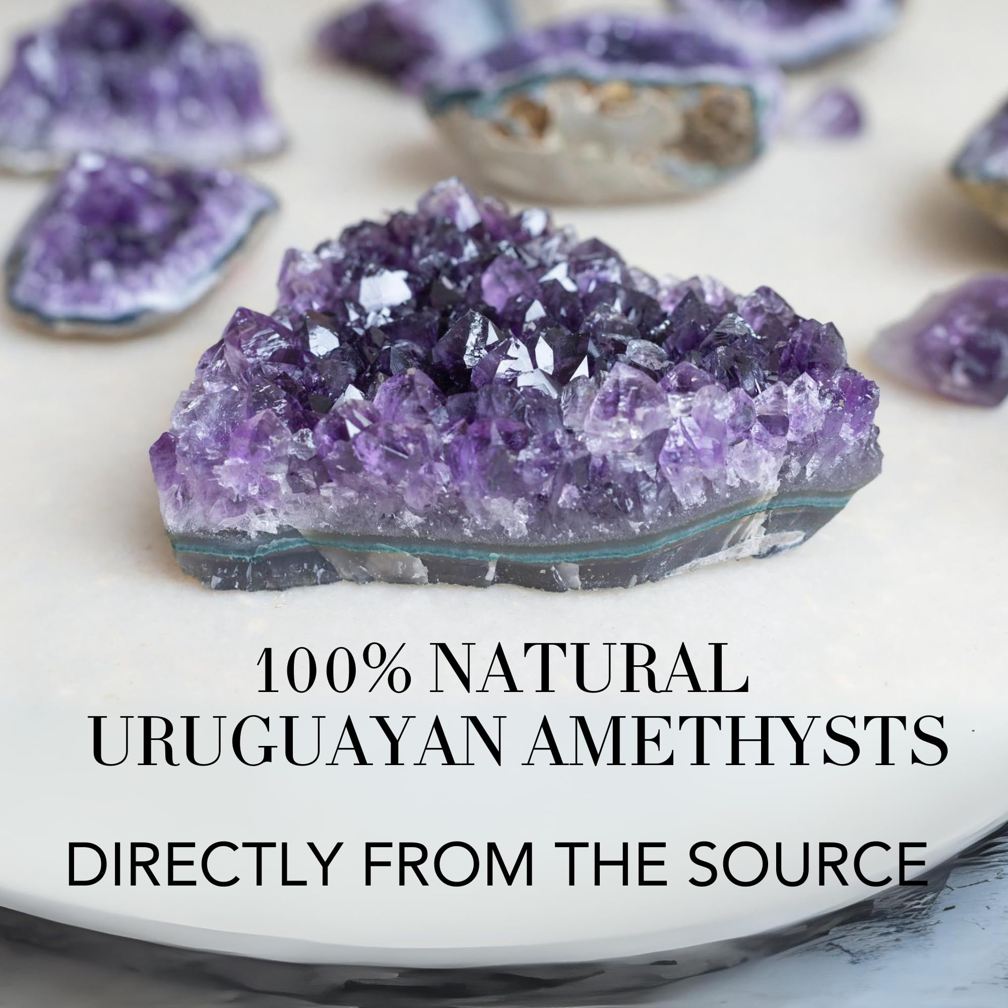 Geode with natural basalt base highlights authenticity.