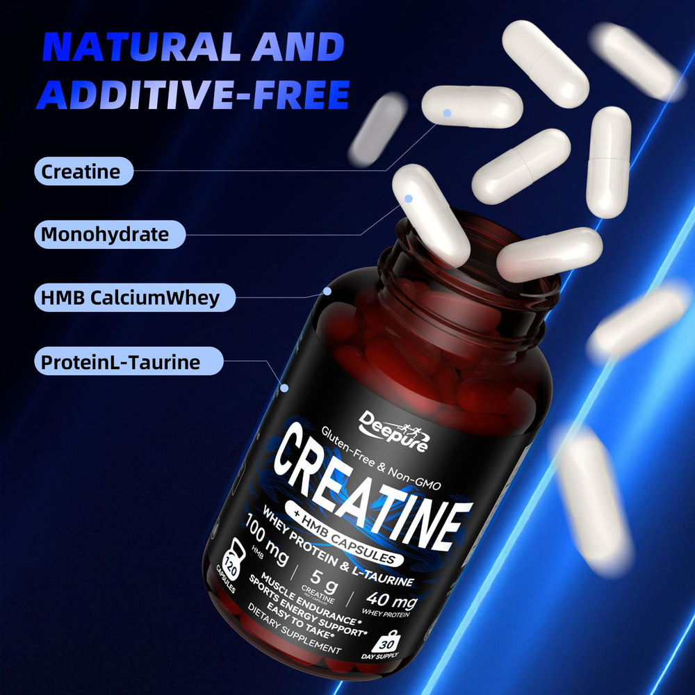 Deepure creatine capsules label closeup highlighting 5000mg serving option.