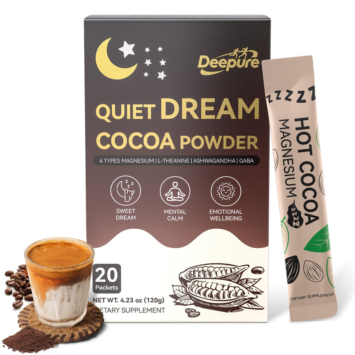 Deepure Nighttime Cocoa packets shown for a convenient 20-pack nightly ritual