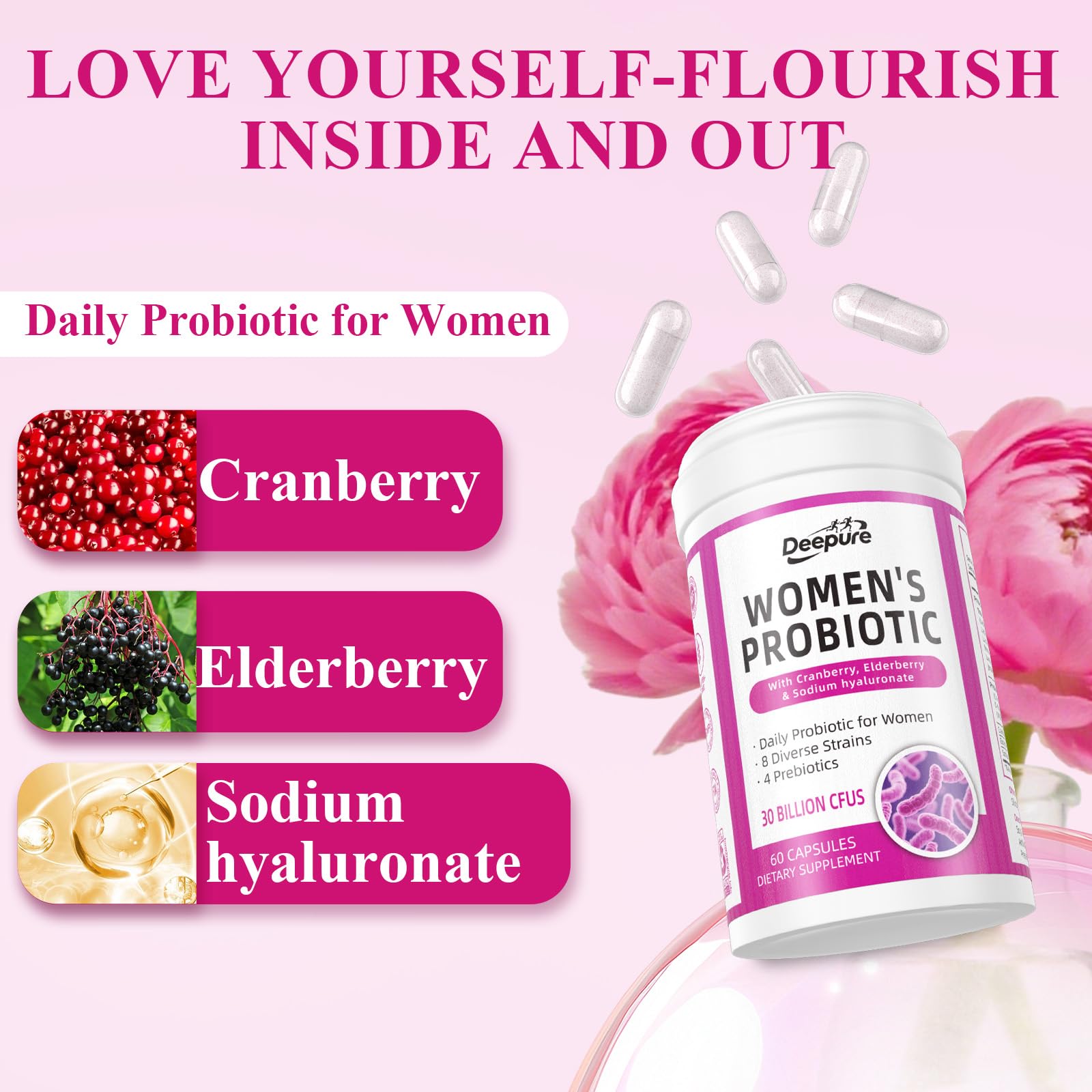 Deepure Probiotics for Women cranberry extract visual emphasizes antioxidant support.