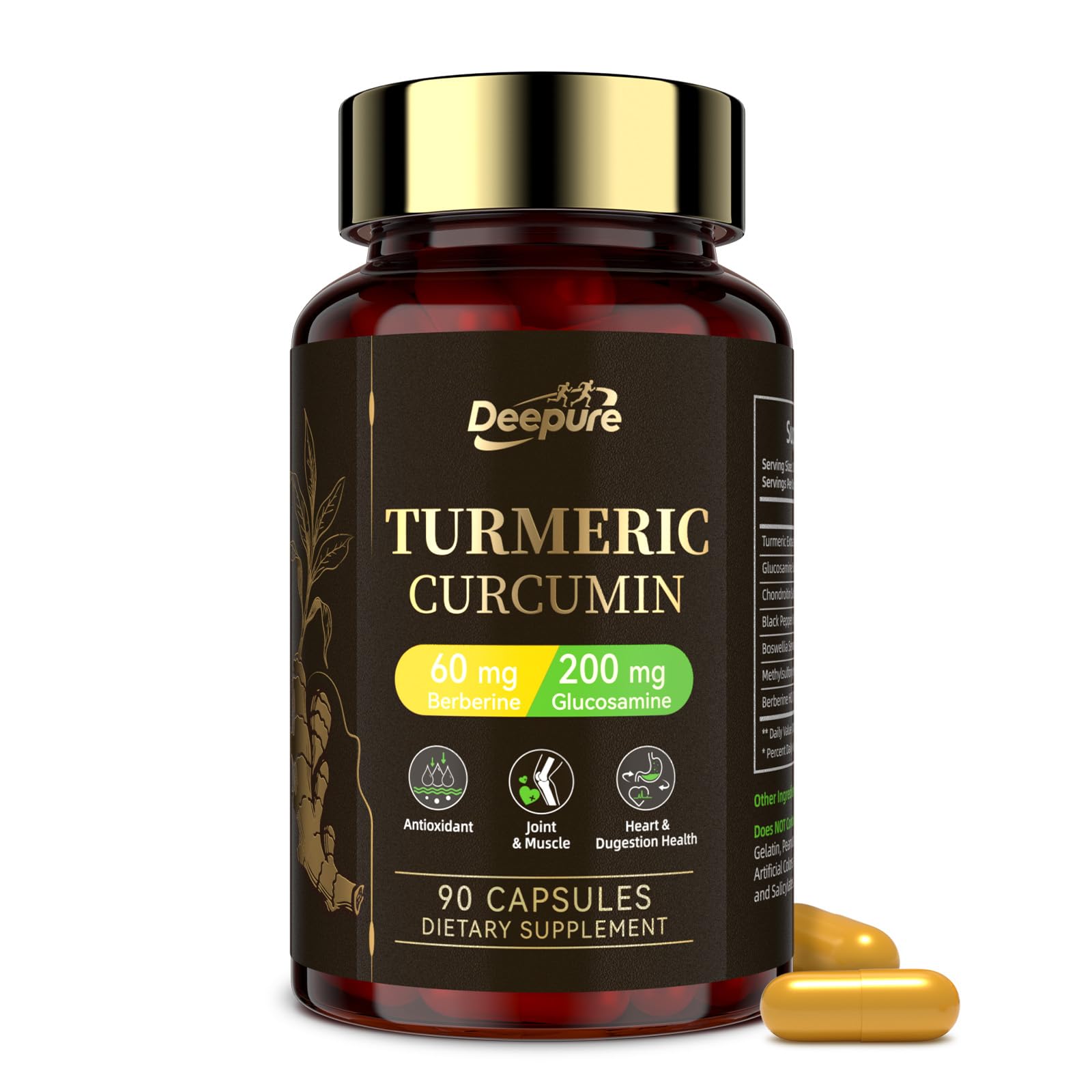 Deepure Turmeric Curcumin bottle pour demonstrates enhanced absorption for daily joint support