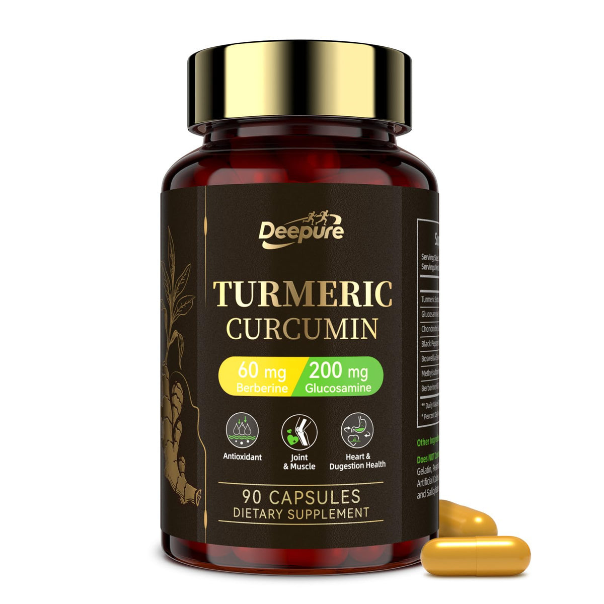 Deepure Turmeric Curcumin bottle pour demonstrates enhanced absorption for daily joint support