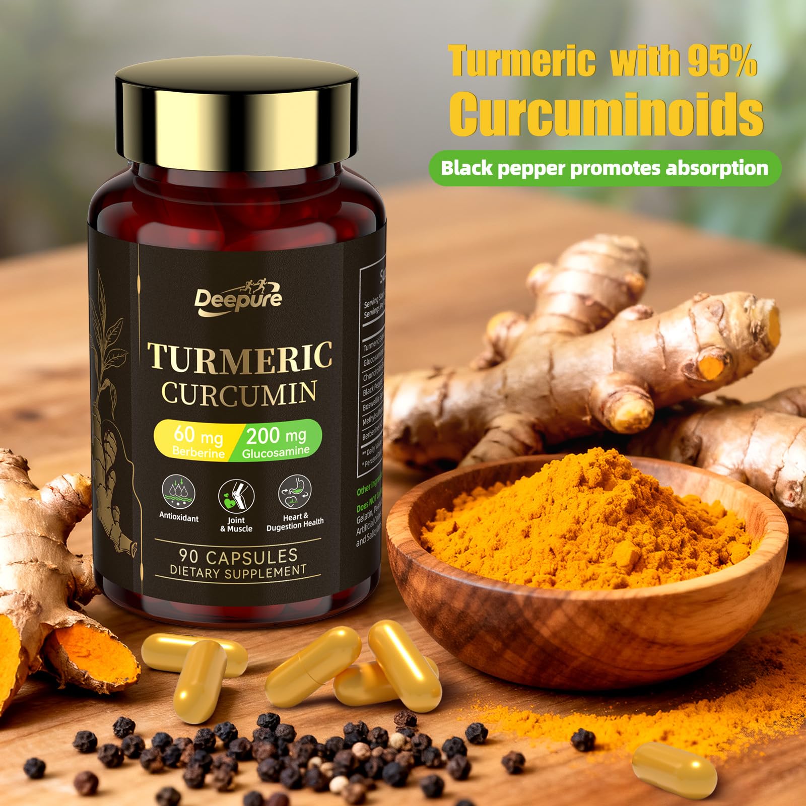 Deepure Turmeric Curcumin capsules close-up showing compact, easy-to-swallow design for daily use