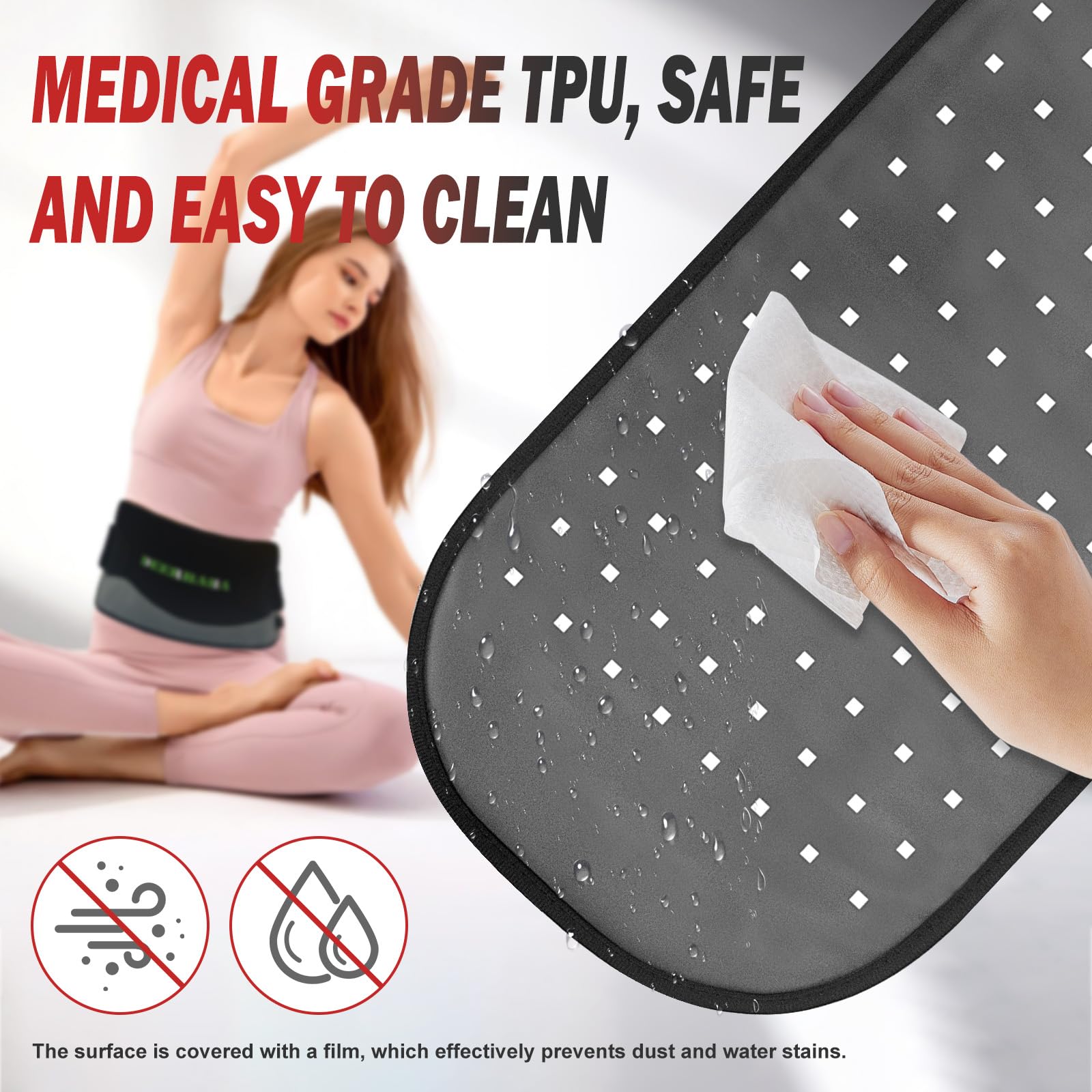 Deerbaba red light therapy pad TPU surface is waterproof and easy to wipe clean.