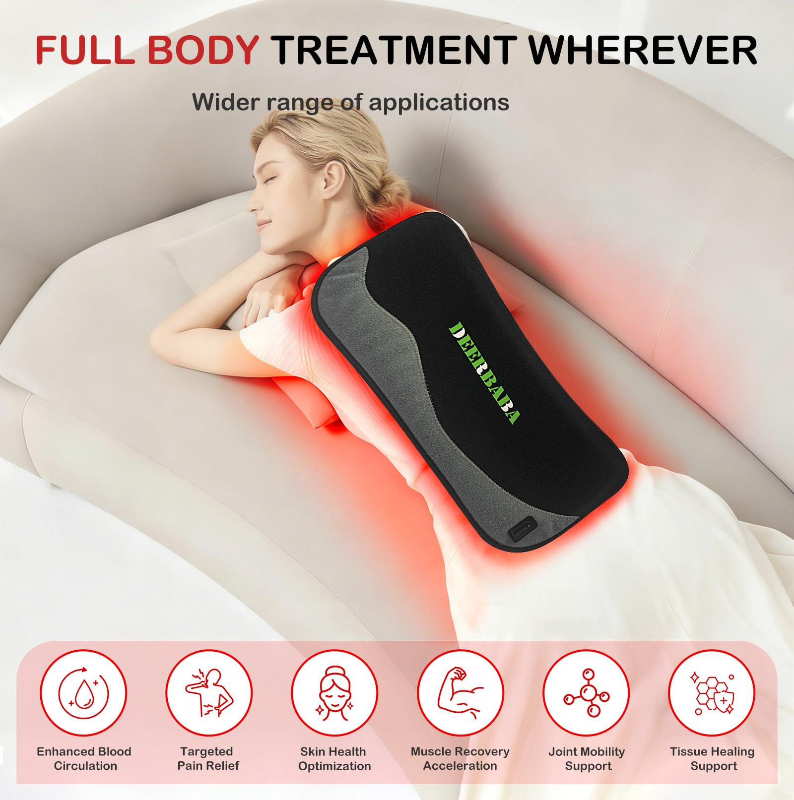 Deerbaba red light therapy pad on waist for tension relief and mobility.