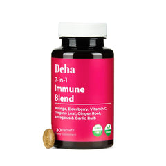 Deha 7-in-1 immune bottle front view highlighting vegan, organic formula for daily vitality.