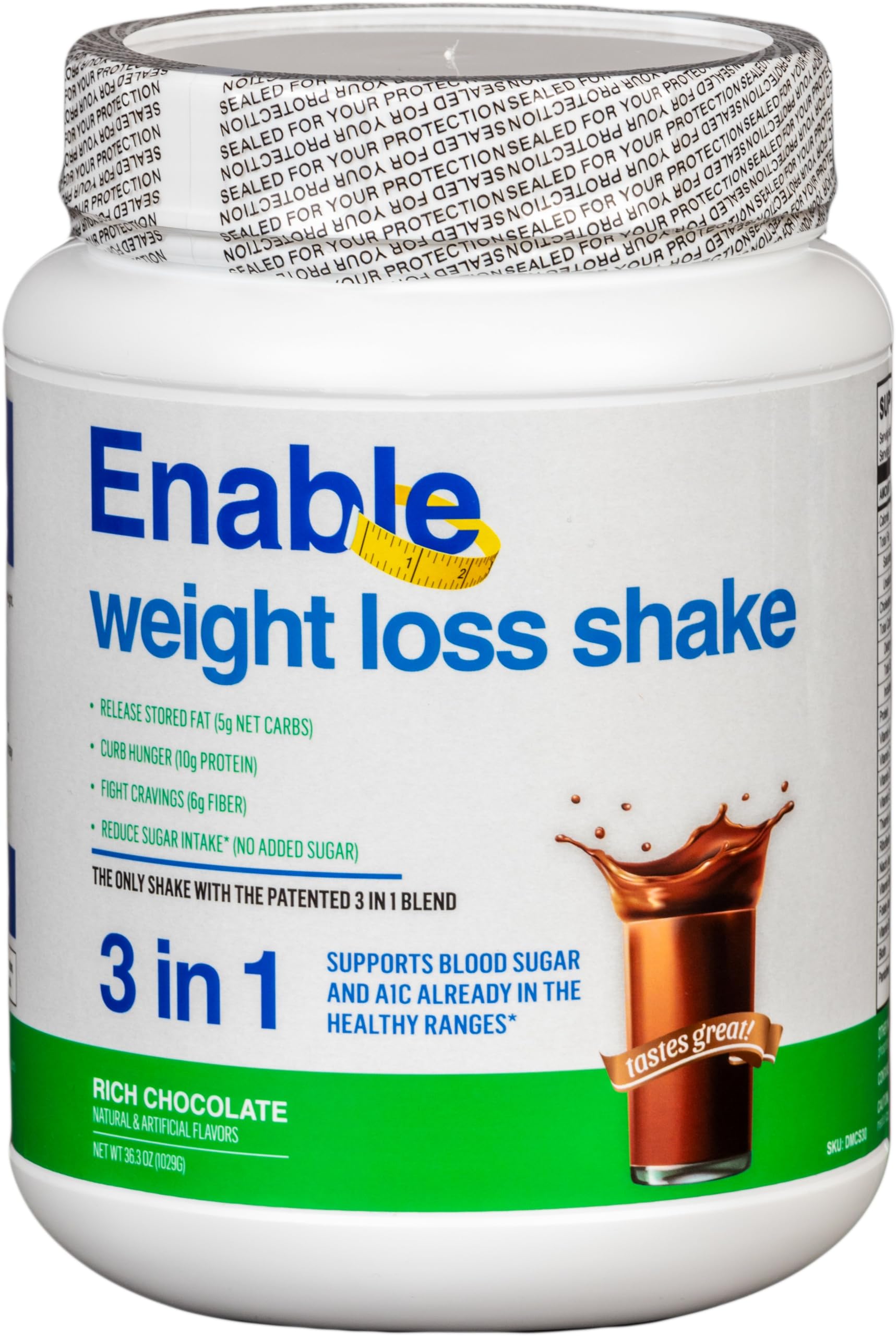 Del Mar Health Enable Weight Loss Shake chocolate in glass promotes a satisfying meal replacement.