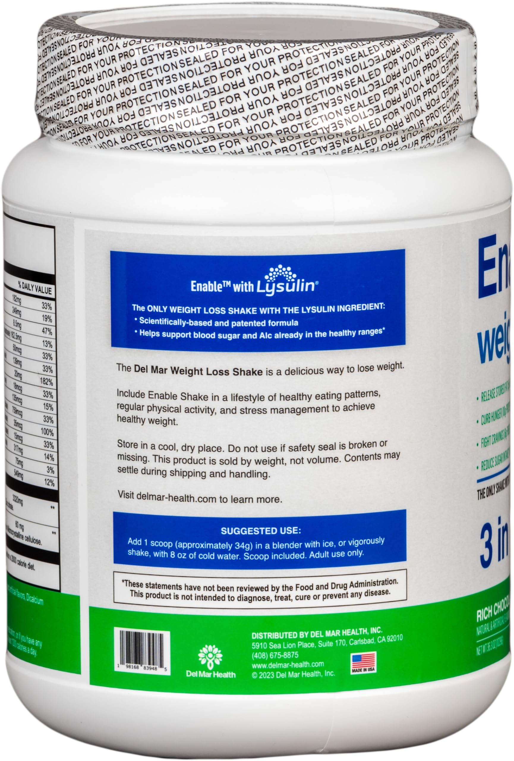 Del Mar Health Enable Weight Loss Shake scoop beside blender, ideal for quick, nutritious meals.