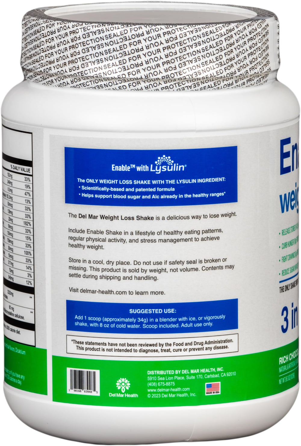 Del Mar Health Enable Weight Loss Shake scoop beside blender, ideal for quick, nutritious meals.