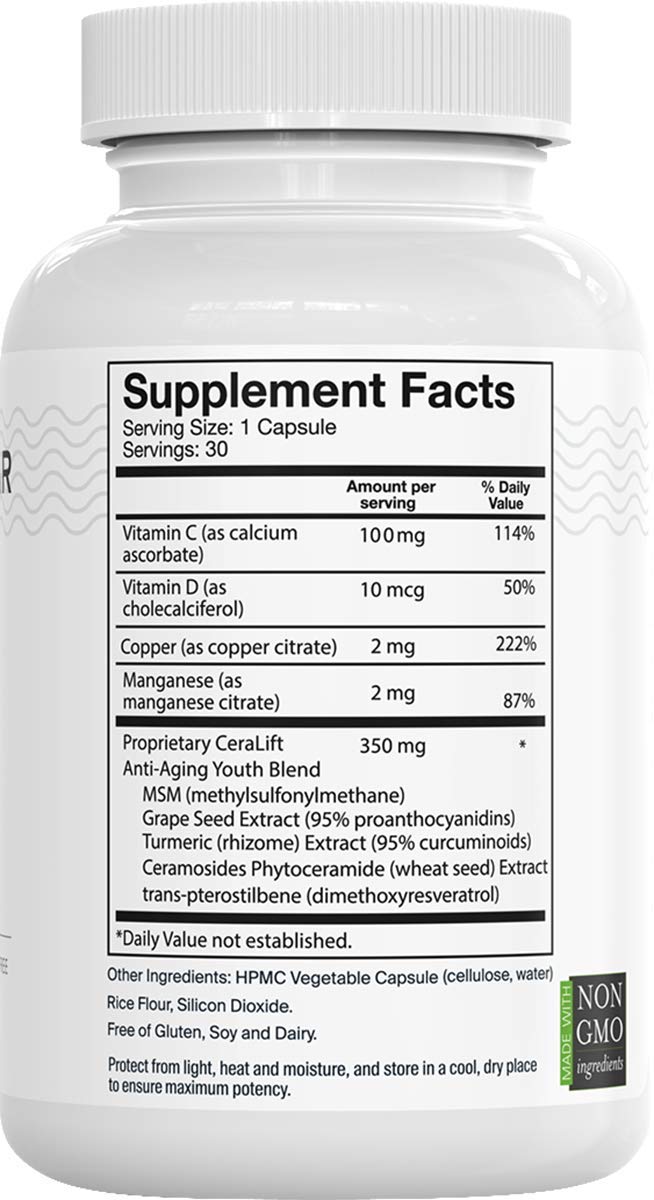 Close-up of Del Mar Laboratories CeraLift capsules highlighting vegetarian formula
