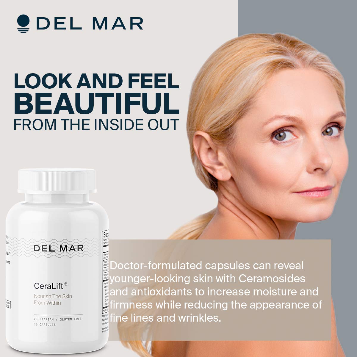 Del Mar Laboratories CeraLift packaging emphasizing doctor-formulated anti-aging approach