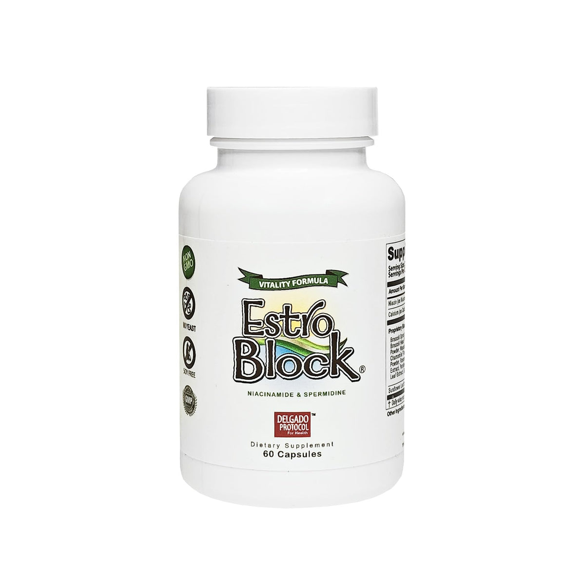 The Delgado Protocol for Health EstroBlock Vitality bottle promotes daily wellness.
