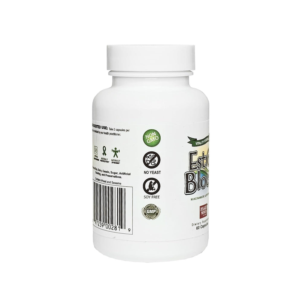 Ingredient list graphic for EstroBlock Vitality featuring spermidine and antioxidants.