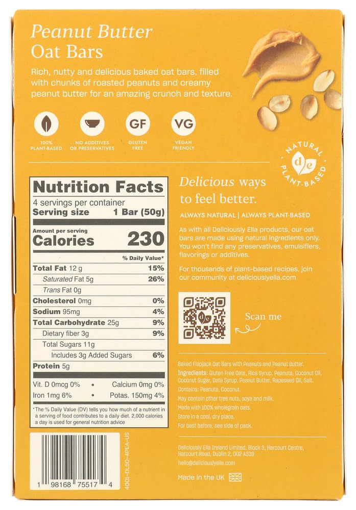 Deliciously Ella Peanut Butter Oat Bar nutrition facts highlighted for mindful energy.