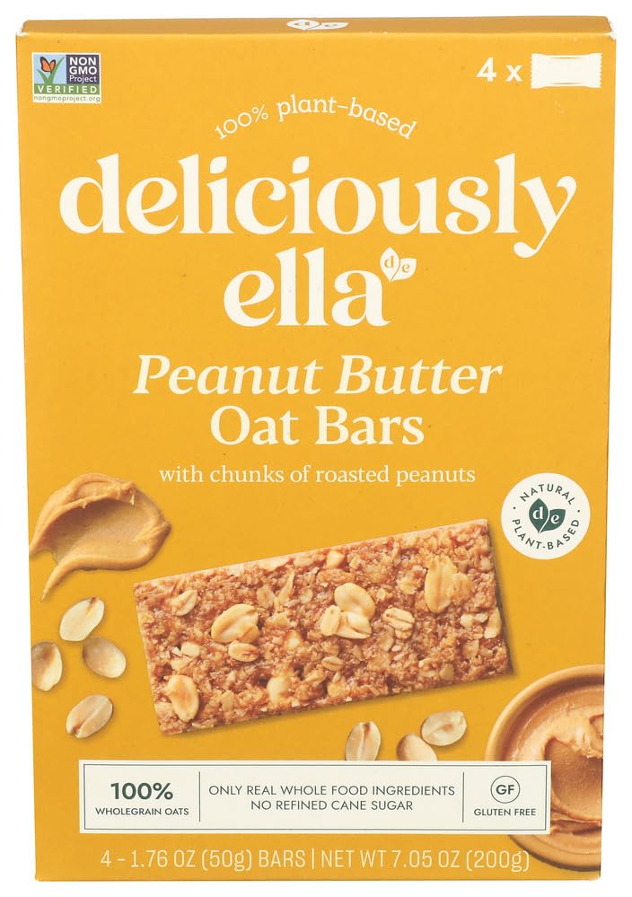 Deliciously Ella Peanut Butter Oat Bar packaging front for on-the-go snacking.