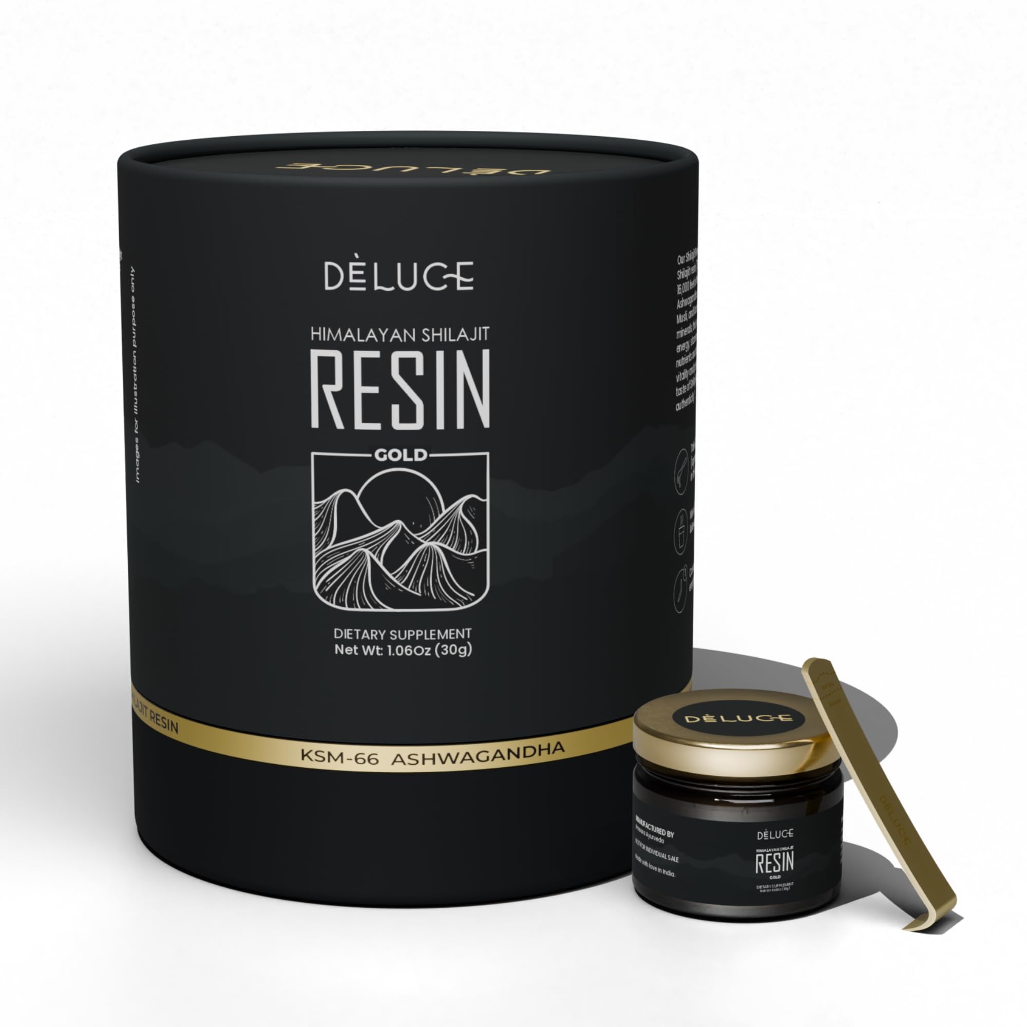 Deluce Himalayan Shilajit Resin Gold packaging signals premium quality and gifting appeal.