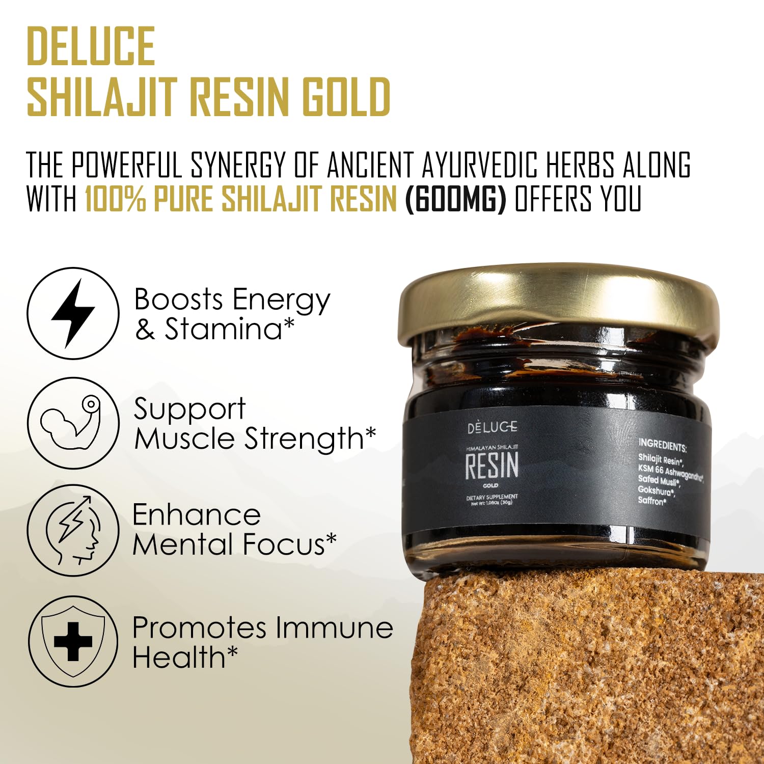 Close-up of Deluce Shilajit Resin Gold resin texture highlights authenticity.