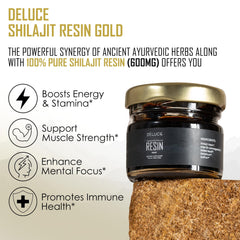 Close-up of Deluce Shilajit Resin Gold resin texture highlights authenticity.