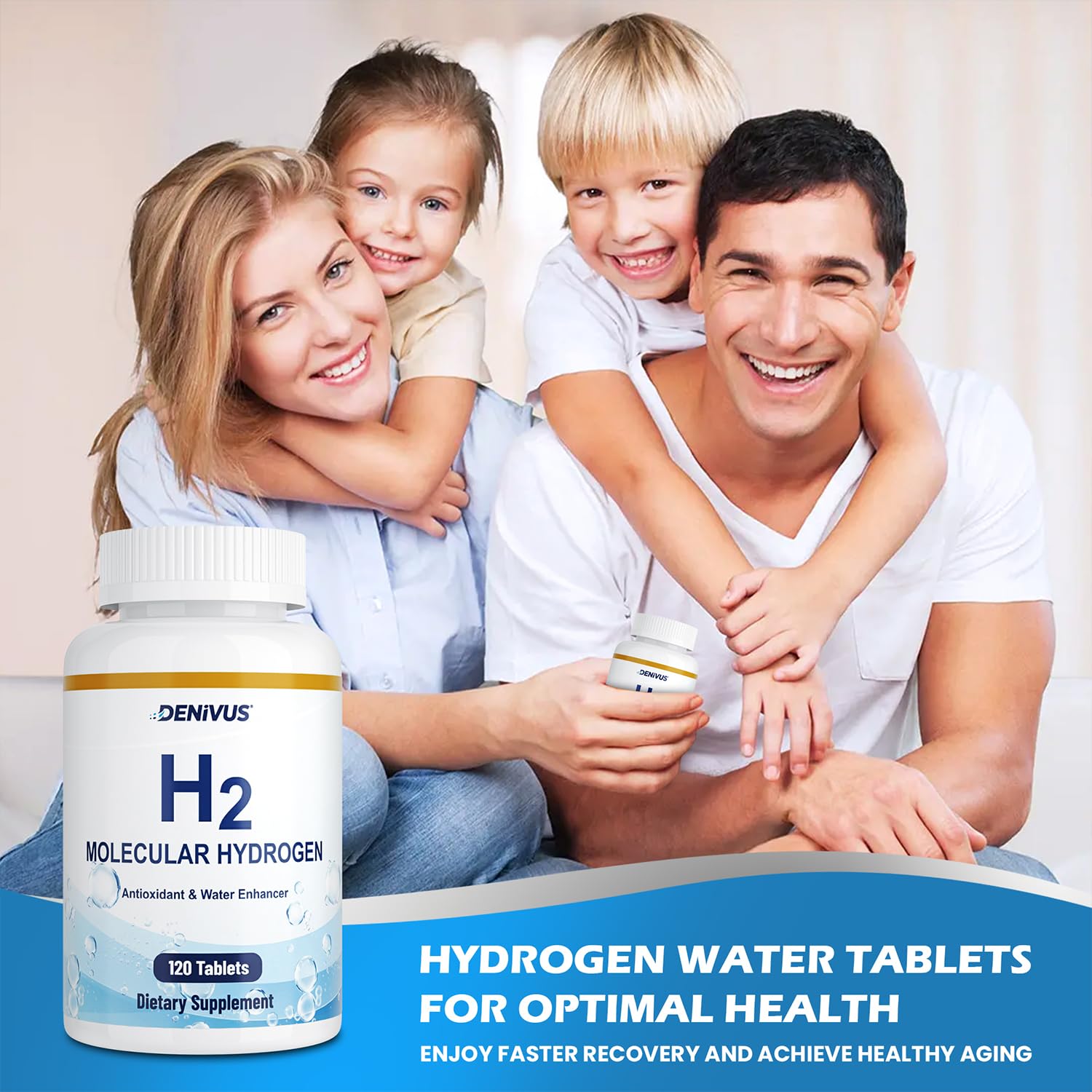 Denivus hydrogen tablets in morning routine with potential energy boost.