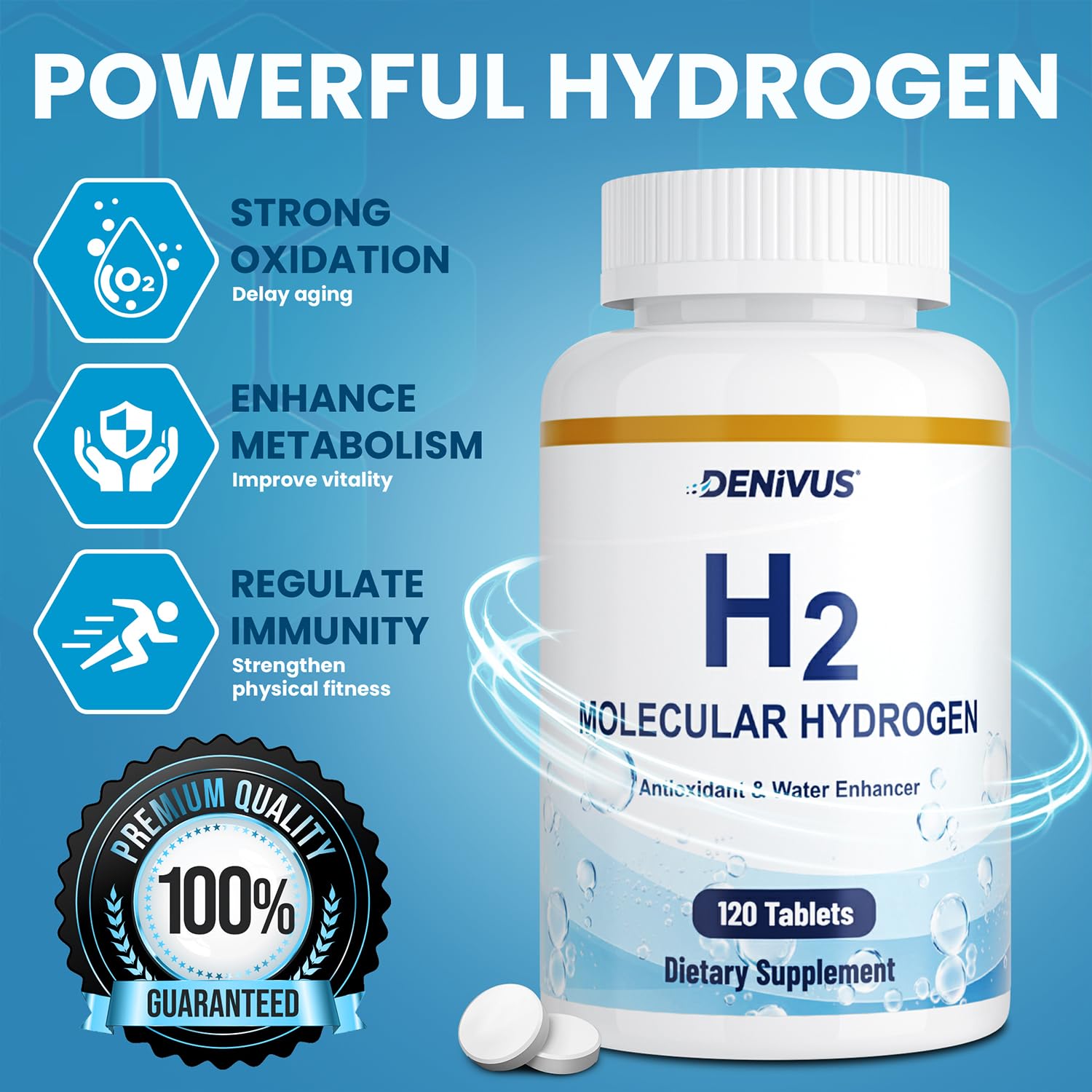 Denivus magnesium-enhanced tablets with glass of water promoting metabolism.