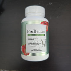 DentimPro Oral Support bottle close-up for daily use promoting healthy teeth and fresh breath.