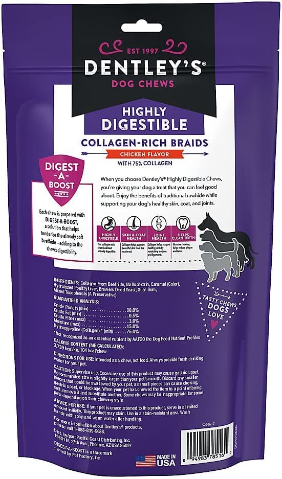 Dentleys Collagen Rich Braids Chicken Flavor 8-Count chews on counter, tasty option for dogs.