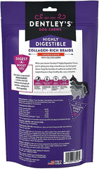 Dentleys Collagen Rich Braids Chicken Flavor 8-Count chews on counter, tasty option for dogs.