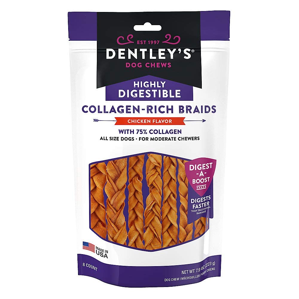 Dentleys Collagen Rich Braids Chicken Flavor 8-Count package, appealing dog chew for daily treats.