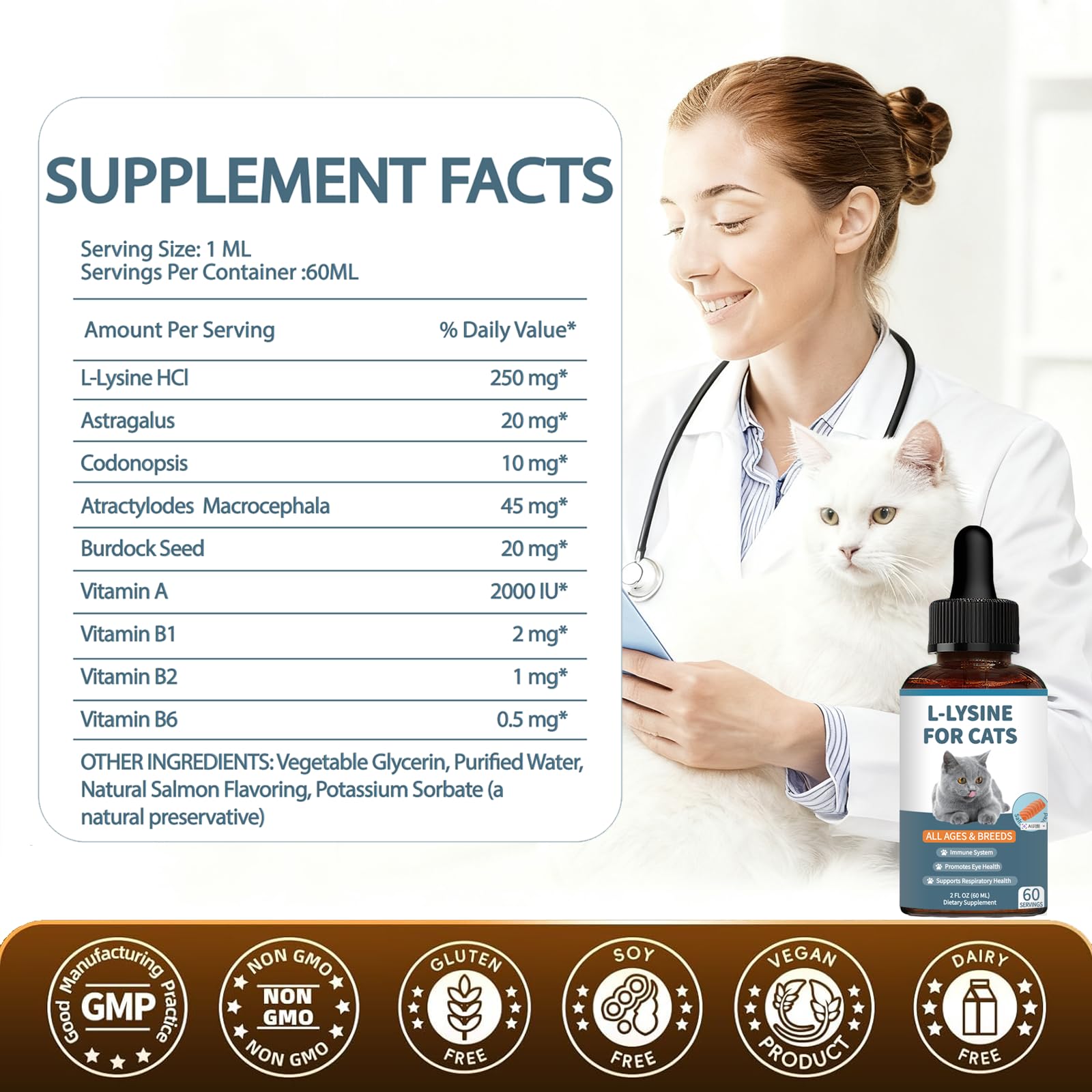 Derggzey L-Lysine cats sneezing-eye-health bottle label suggests respiratory comfort.
