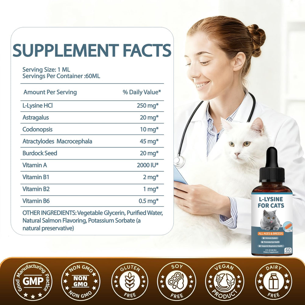 Derggzey L-Lysine cats sneezing-eye-health bottle label suggests respiratory comfort.