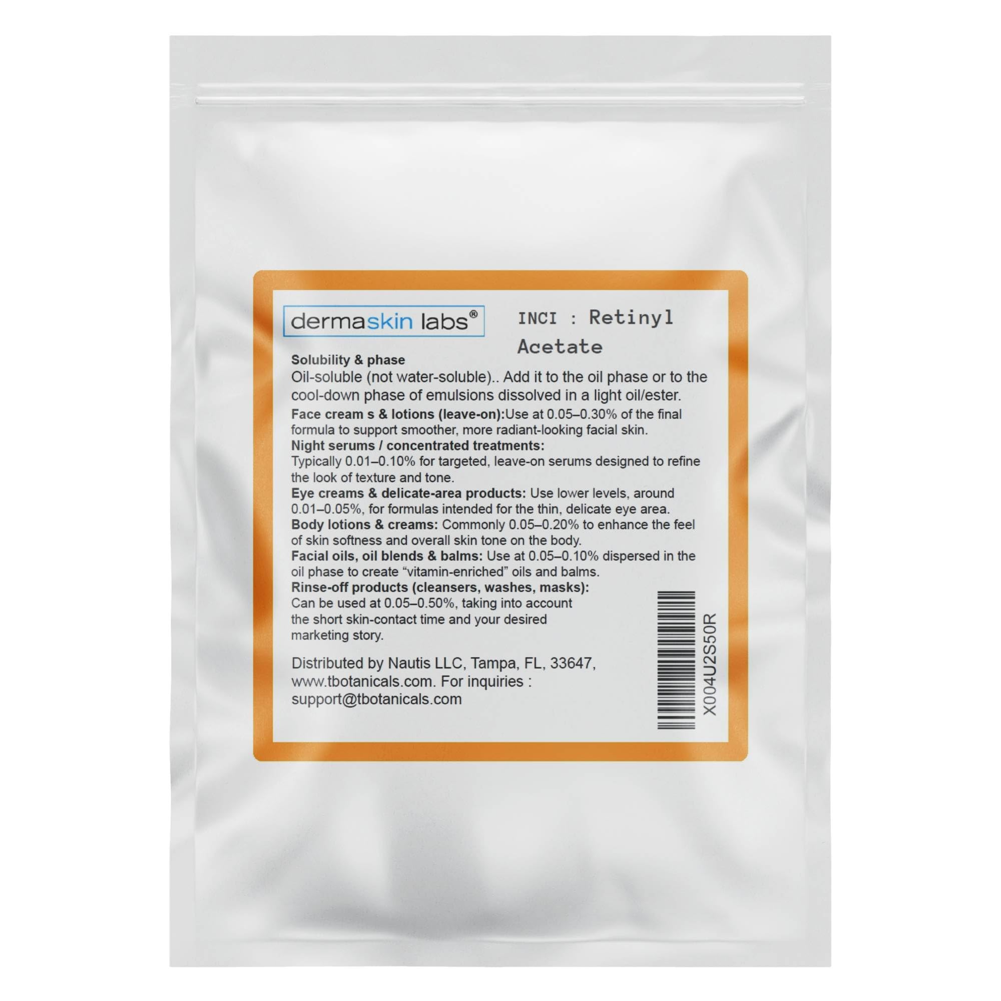 Dermaskin Labs Retinyl Acetate powder bottle for stable skincare formulations