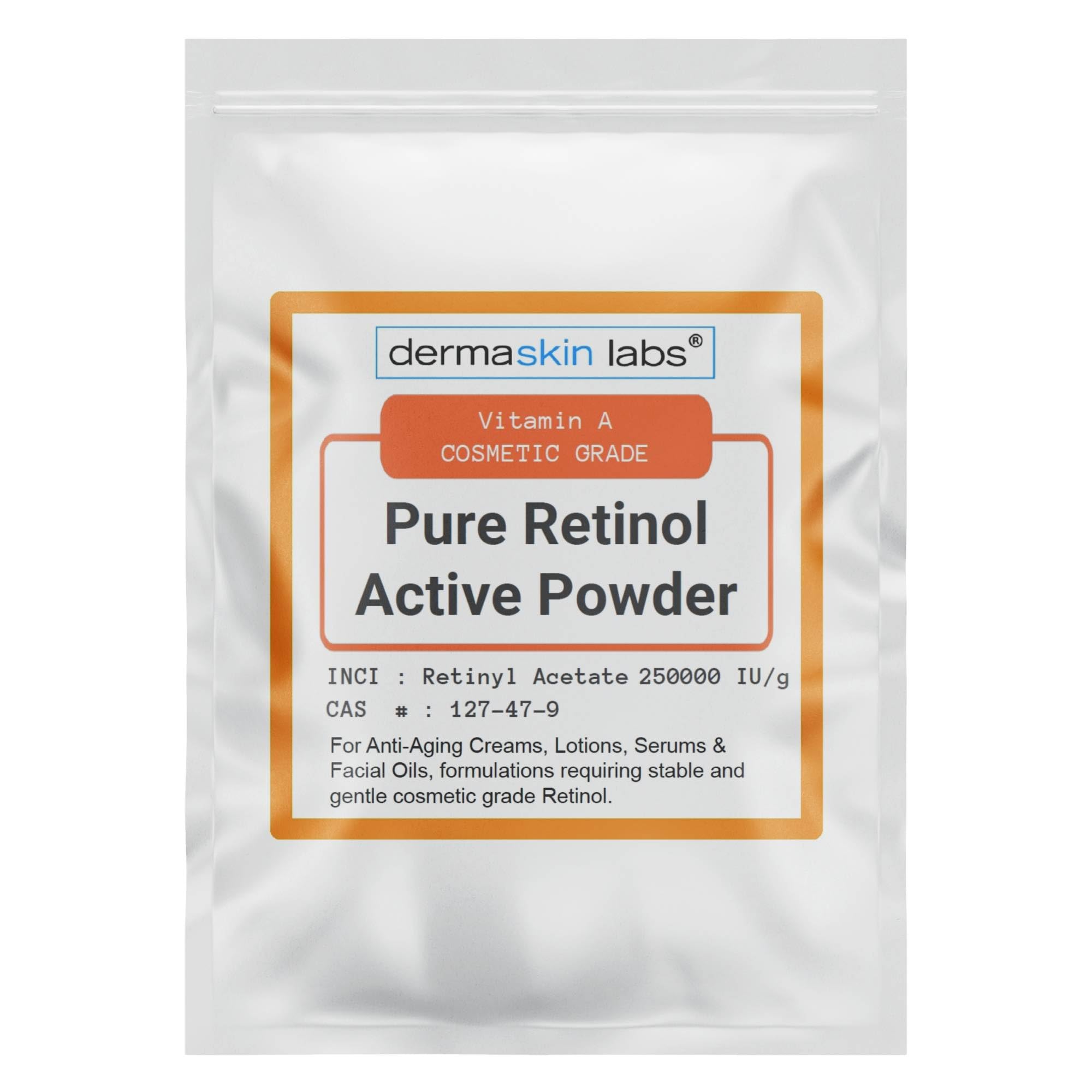 Dermaskin Labs Vitamin A Retinyl Acetate powder close-up for cosmetic use