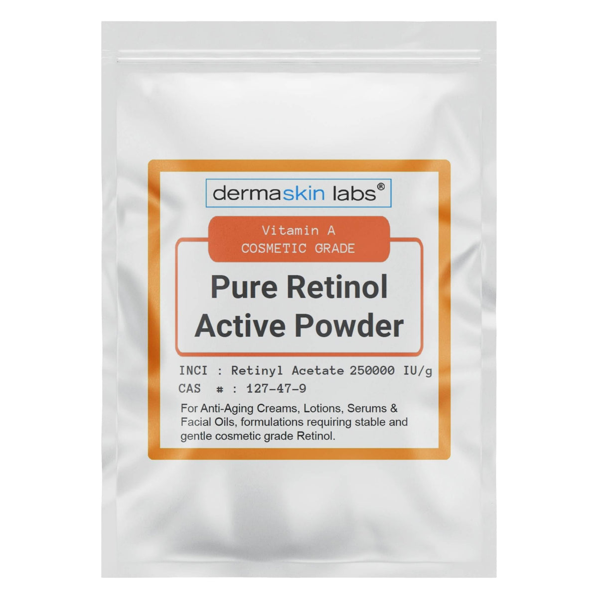 Dermaskin Labs Vitamin A Retinyl Acetate powder close-up for cosmetic use