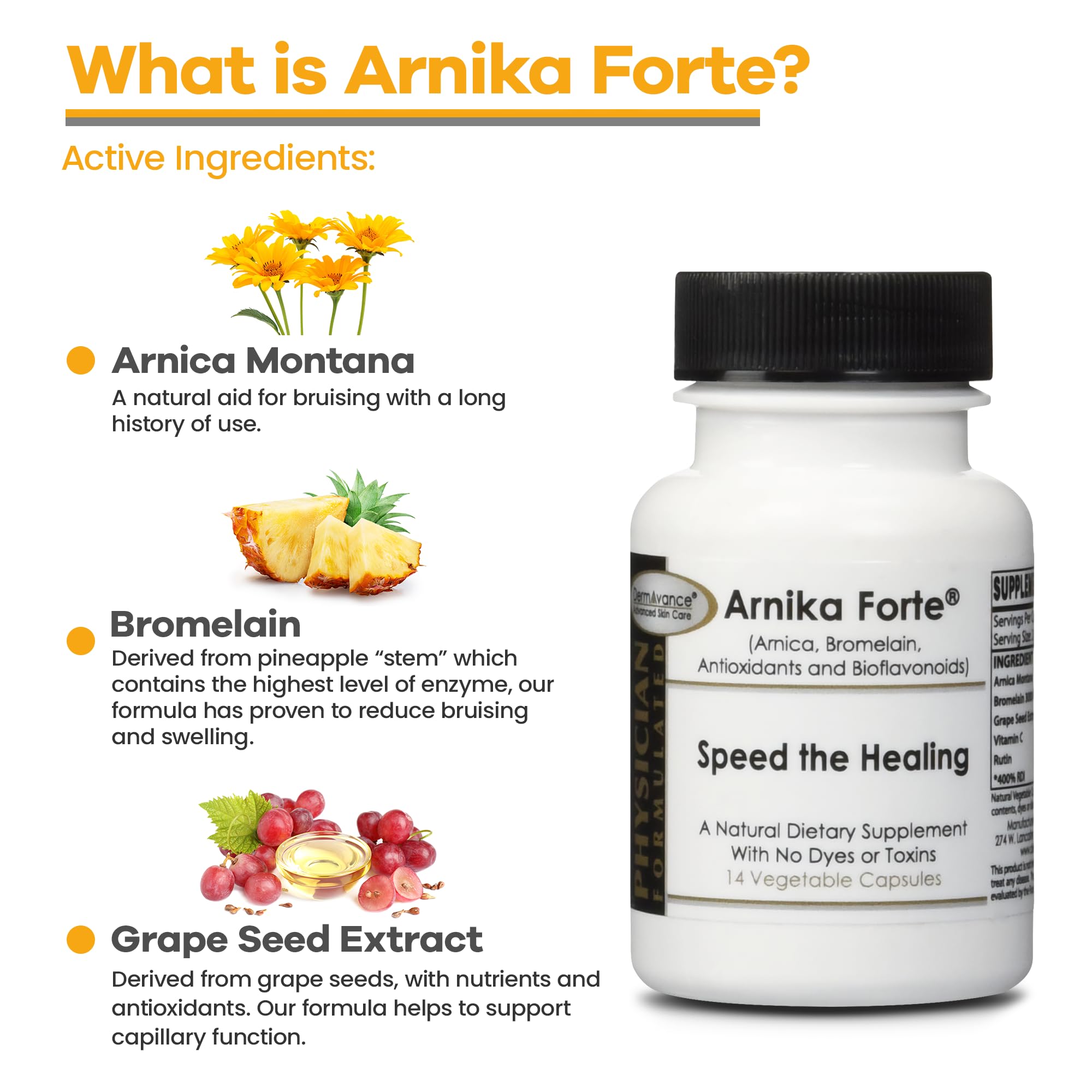 Close-up of DermAvance Arnika Forte capsules highlights natural ingredients for bruising and swelling support
