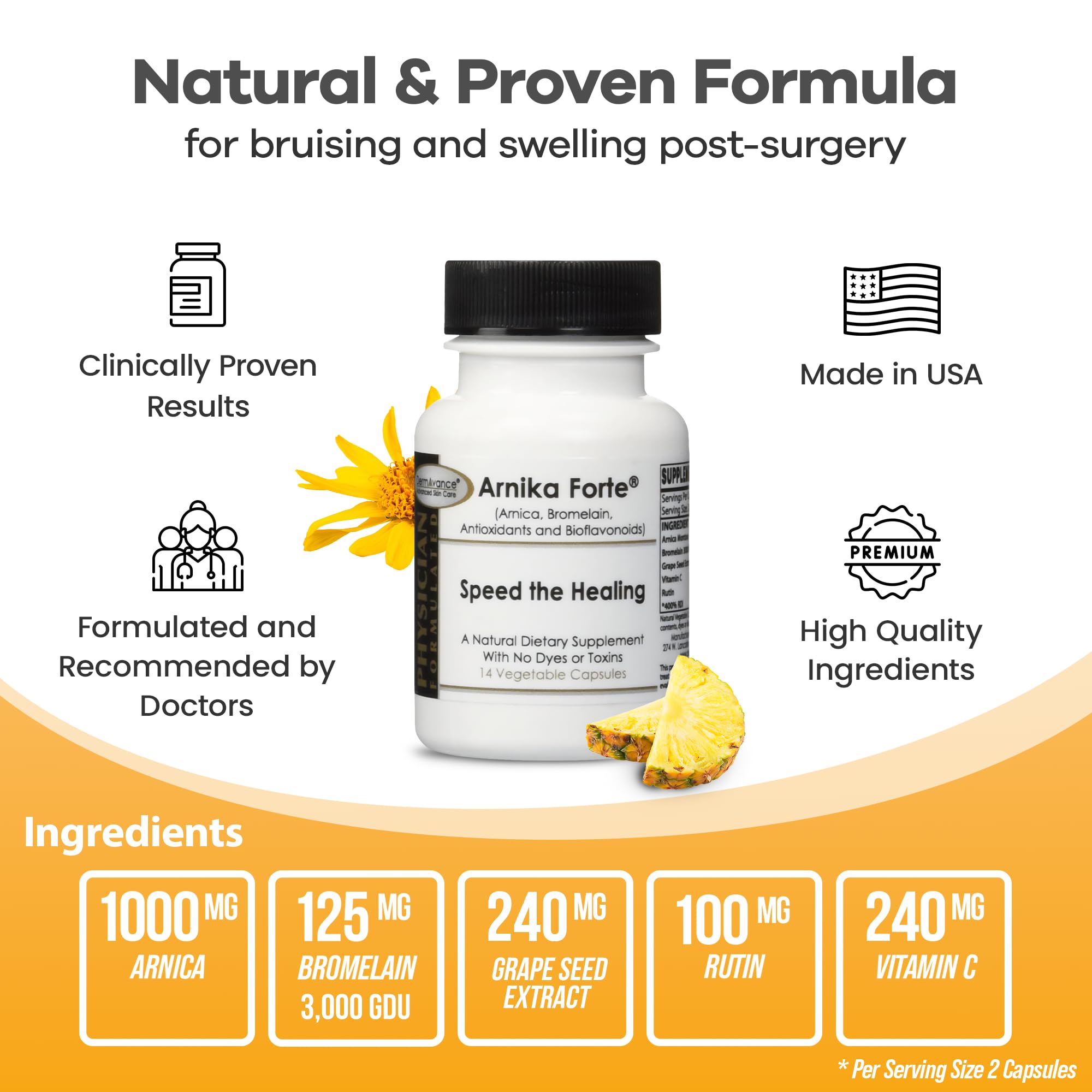 Ingredients panel shows Bromelain, Arnica Montana, and Vitamin C in DermAvance formula