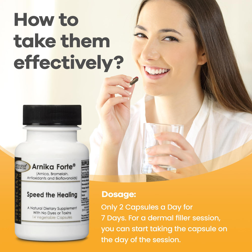 DermAvance Arnika Forte capsules close-up emphasizes compact dosing for recovery