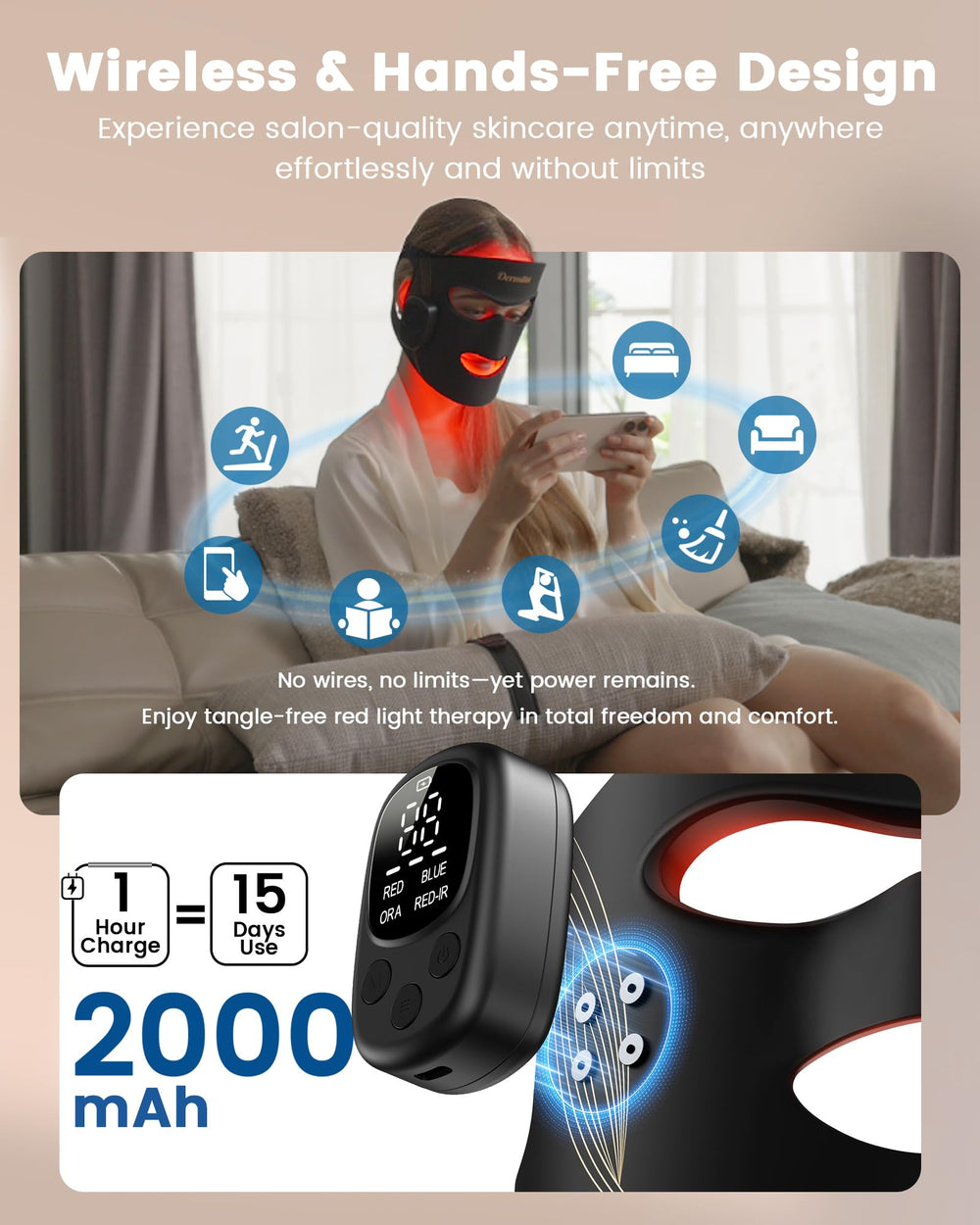 Dermita wireless remote control interface for easy mode and timer selection.
