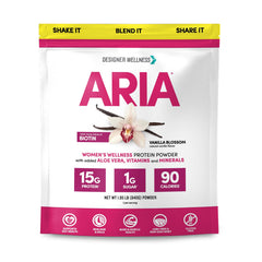 Designer Wellness Aria vanilla protein bottle showing a low calorie women friendly protein option