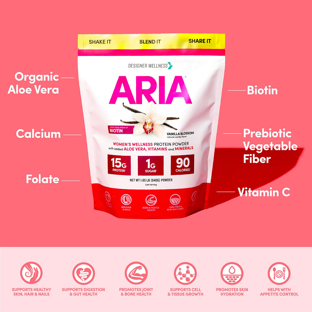 Creamy vanilla powder swirling in milk with Aria protein texture appeal