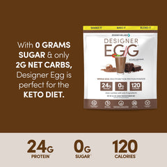 Nutrition facts card beside canister, Designer Wellness egg protein provides essential amino acids.