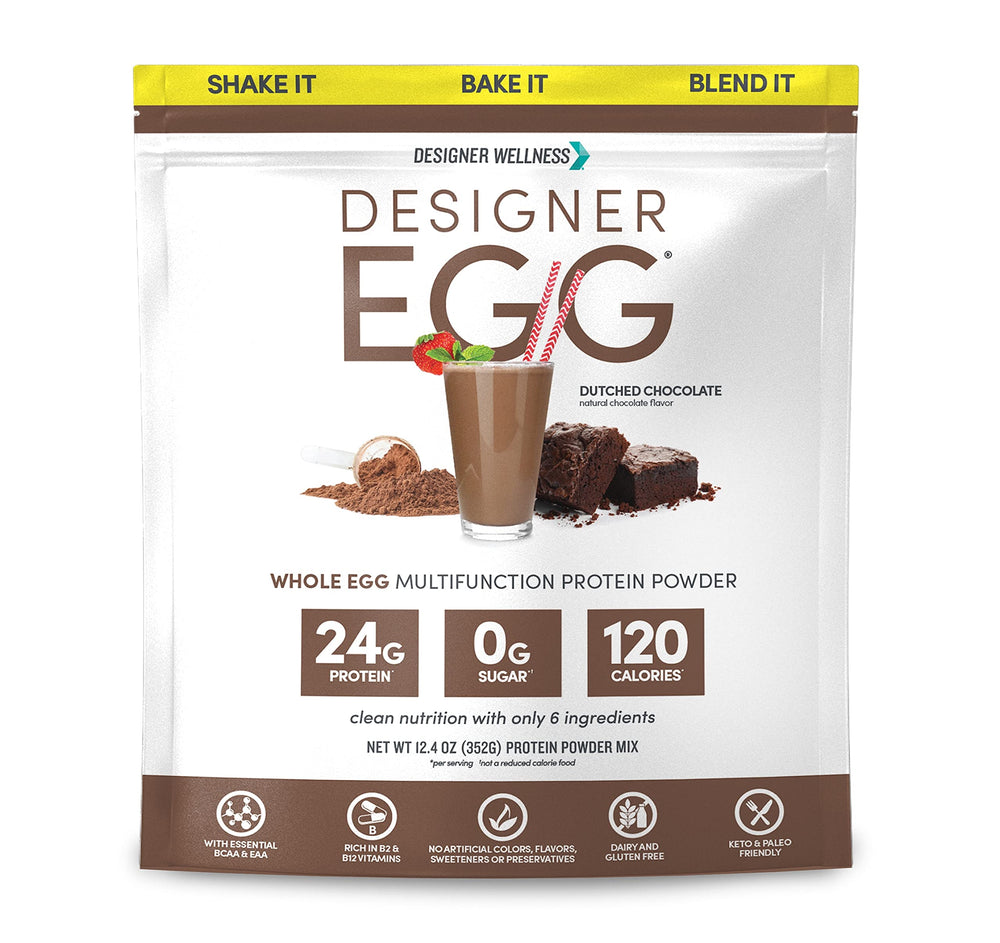 Designer Wellness Designer Egg tub label highlighting high-protein powder for daily fitness.