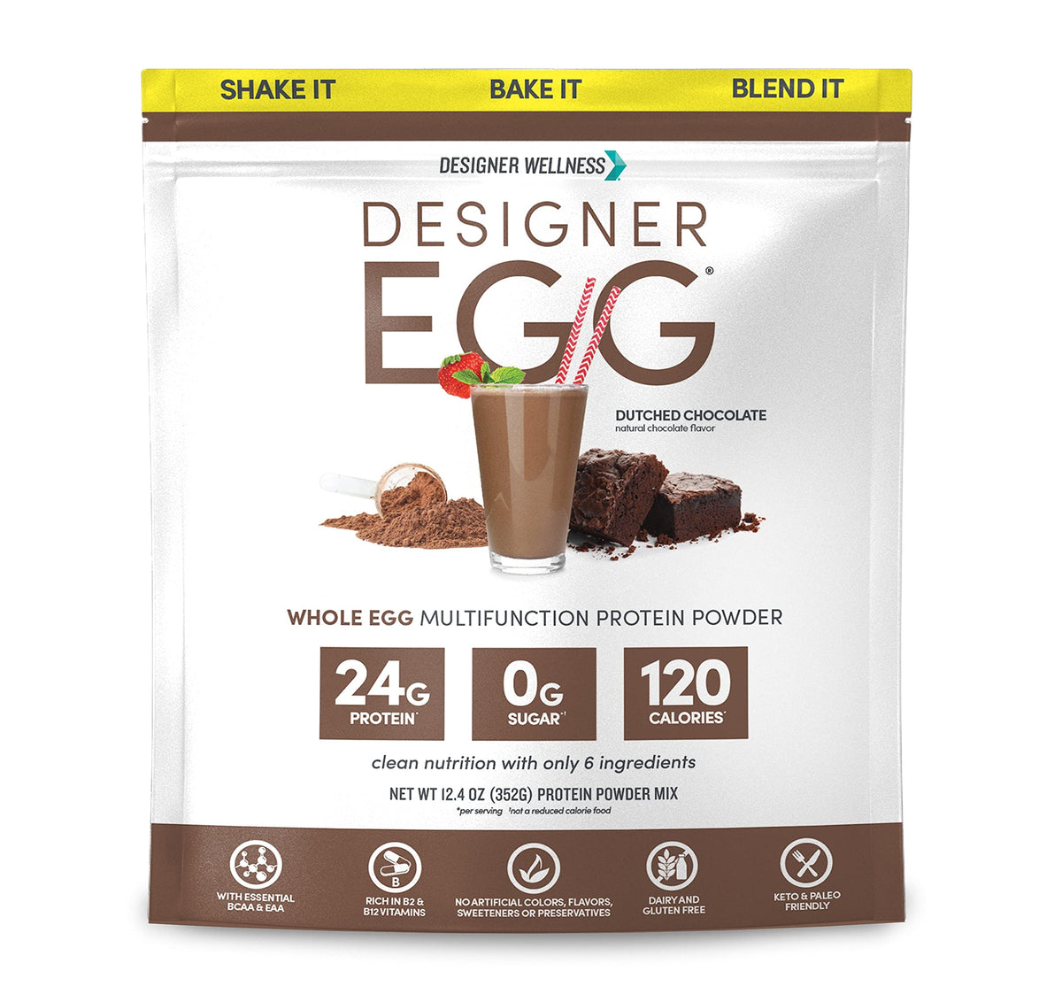 Designer Wellness Designer Egg tub label highlighting high-protein powder for daily fitness.