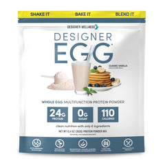 Designer Wellness Designer Egg vanilla bottle shows clean, high-protein nutrition for active mornings.