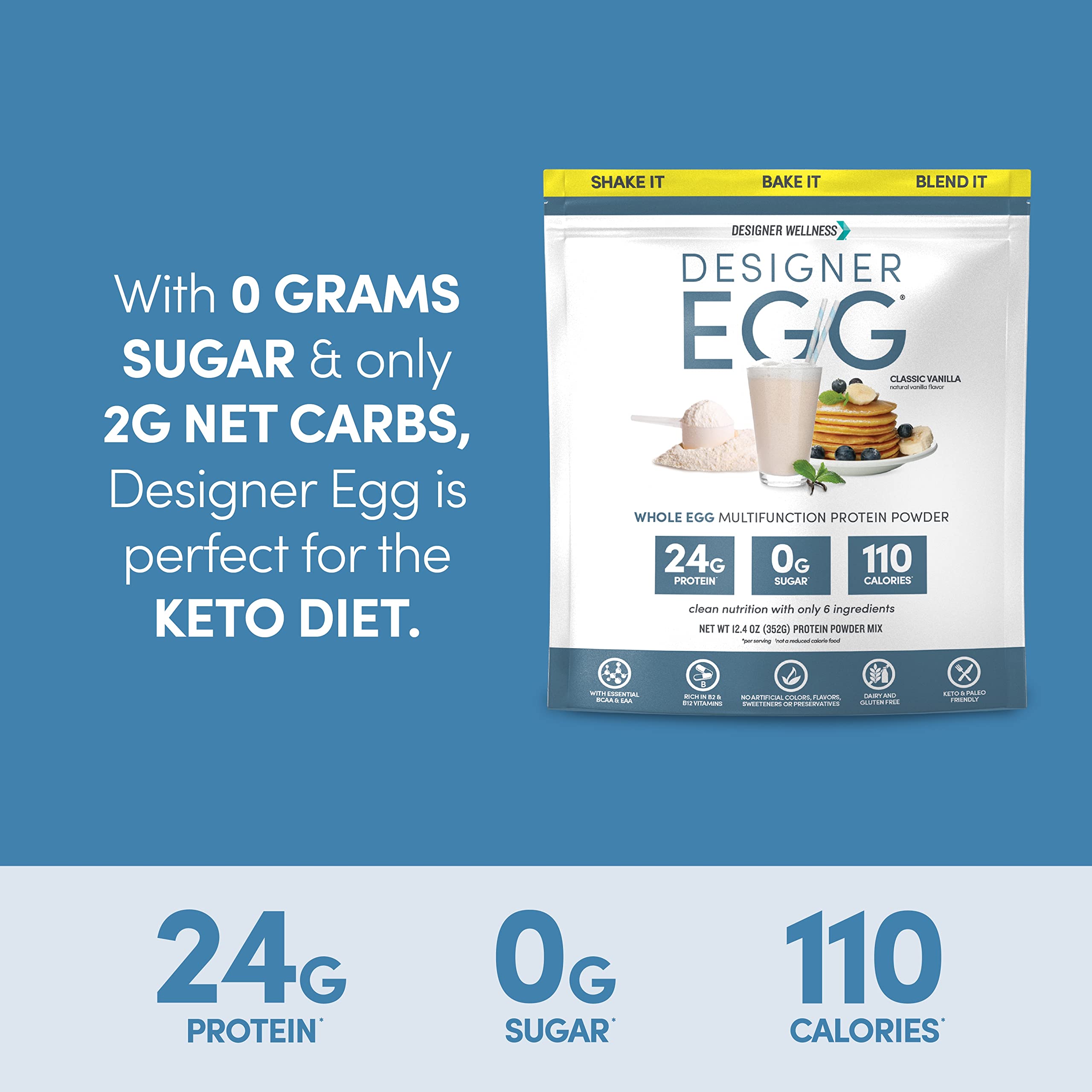 Designer Wellness Designer Egg vanilla packaging confirms USA manufacturing and quality standards.