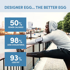 Designer Wellness Designer Egg vanilla packaging closeup highlights low calories and simple ingredients.