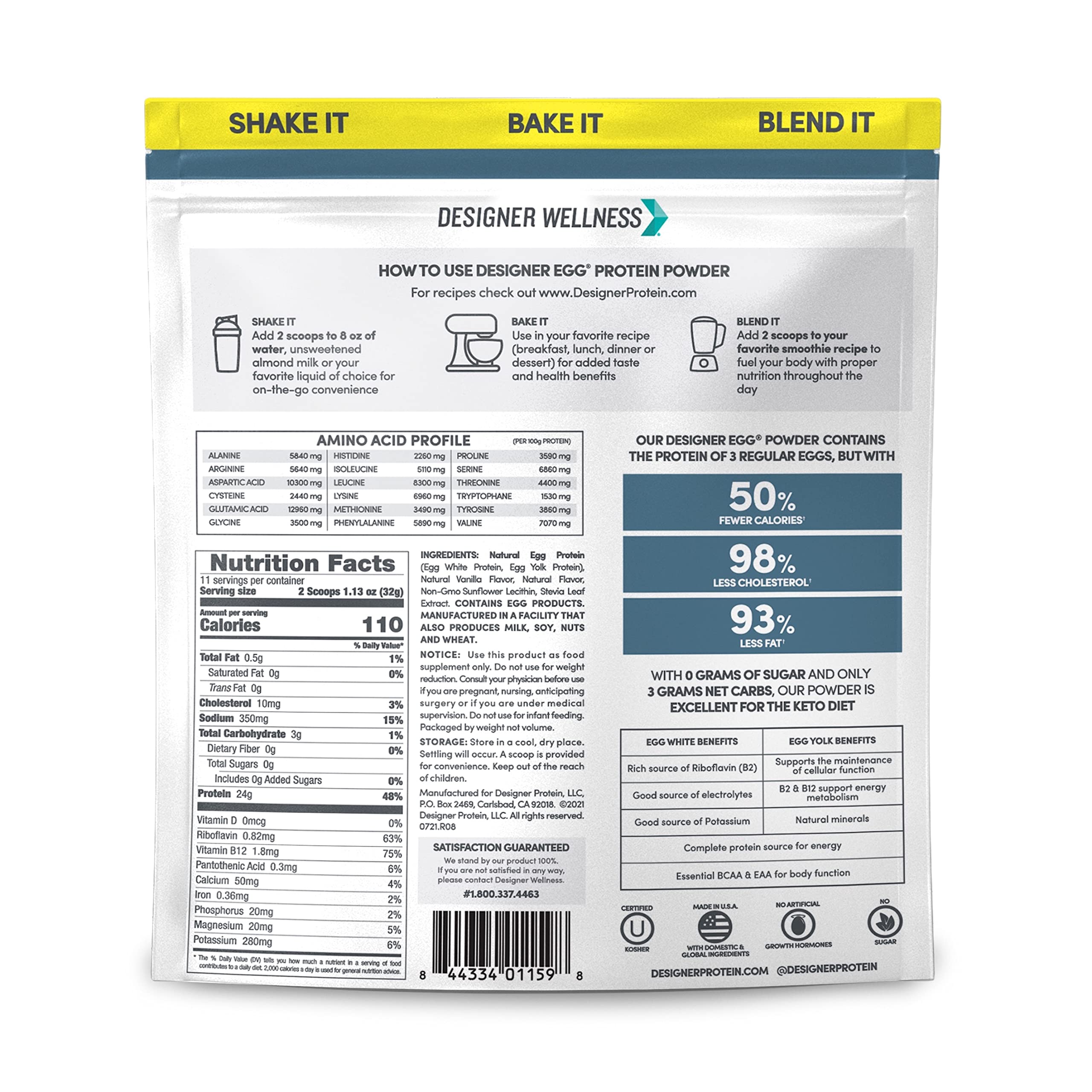 Designer Wellness Designer Egg vanilla powder scoop reveals 24 g protein per serving.