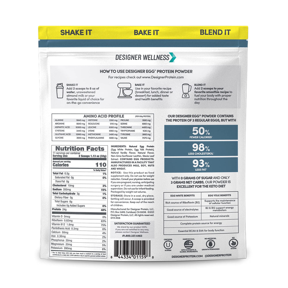 Designer Wellness Designer Egg vanilla powder scoop reveals 24 g protein per serving.